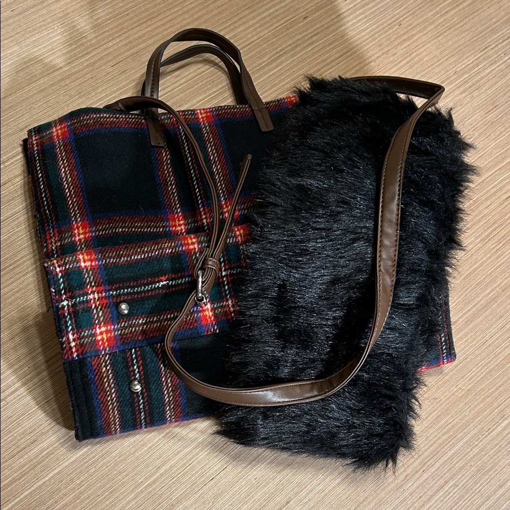 Plaid Tote Purse Bag with A Faux Fur Neck Collar For You